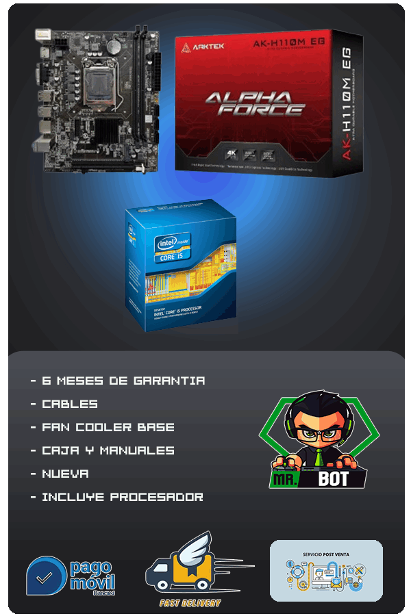 Tarjeta Madre ARTEK H61MHEL Socket 1155 + Procesador I5 3570 + Disipador base / Motherboard Arktek para intel